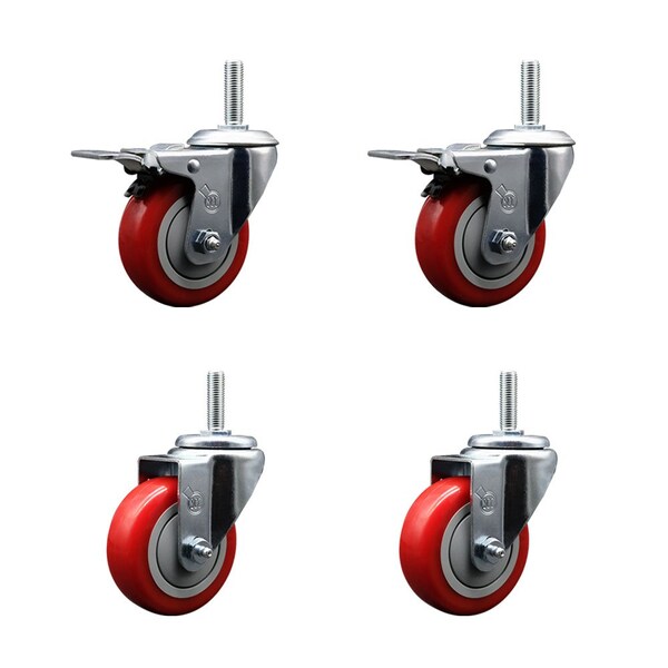 Service Caster 35 Inch Red Polyurethane Swivel 34 Inch Threaded Stem Caster Set 2 Total Lock Brakes SCC-TSTTL20S3514-PPUB-RED-34212-2-S2 - main
